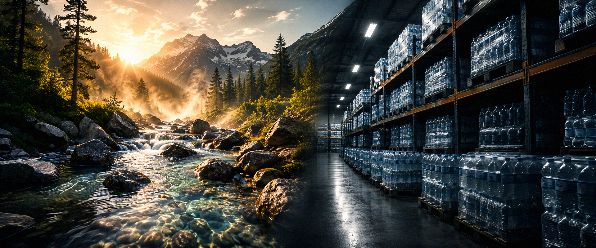 Mountain stream vs bottled water warehouse — the journey from peak to plastic